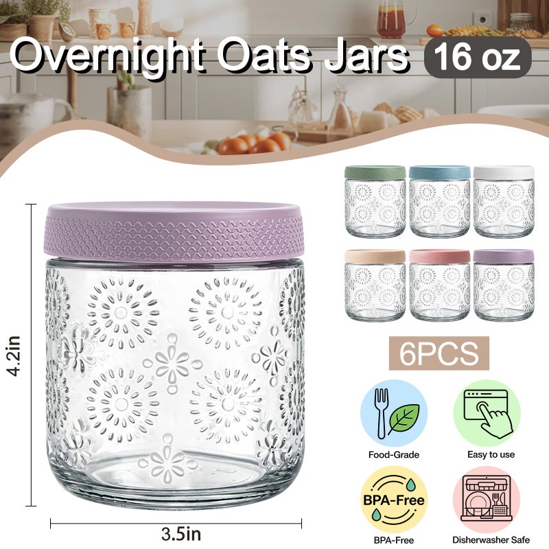 GYOSUGANG 6 pack 16 oz Overnight Oats Containers with Lids, Glass Food Storage Container, Airtight Salad Jars, Mason Jars for Overnight Oats, Yogurt, Oatmeal, Salad, Coffee, Spices - Image 3