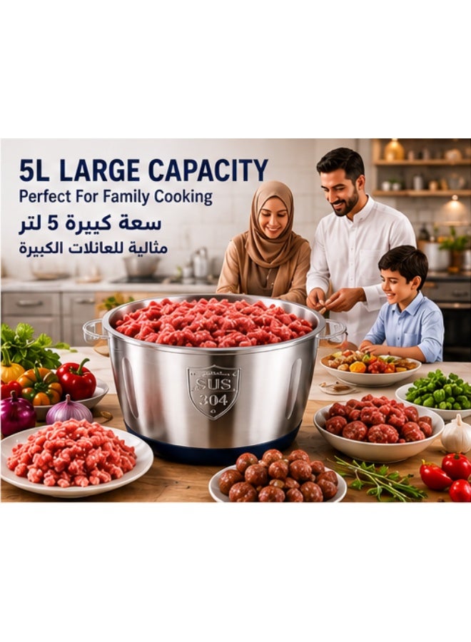 Inabyte 5L Electric Meat Grinder 500W Stainless Steel Food Processor, Multi-Function Meat Mincer with 4 Sharp Blades, Large Capacity Chopper for Meat Vegetables Garlic Nuts and Baby Food - Image 2