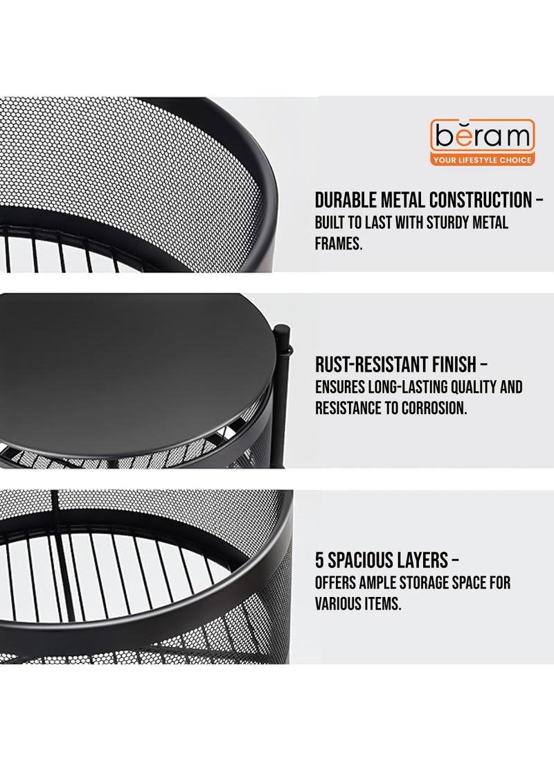 Beram Movable 5-Tier Metal Rack, Circular Rotating Basket, Large Storage Bins, Rust-Resistant, Universal Wheels, Organizer for Kitchen, Bathroom, Office  - Image 2