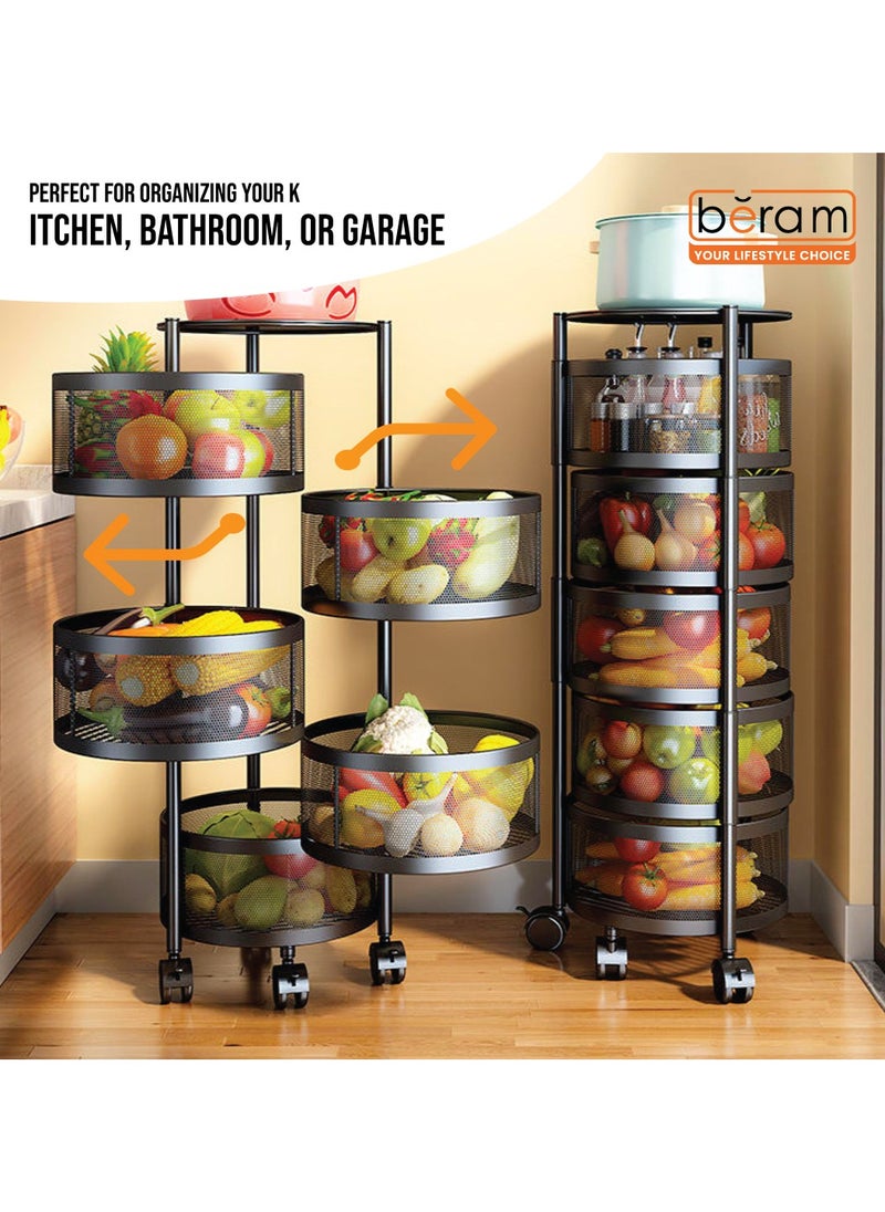 Beram Movable 5-Tier Metal Rack, Circular Rotating Basket, Large Storage Bins, Rust-Resistant, Universal Wheels, Organizer for Kitchen, Bathroom, Office  - Image 3