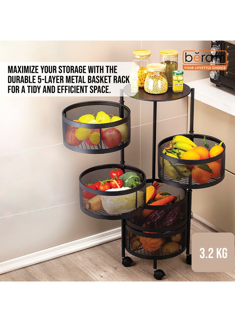 Beram Movable 5-Tier Metal Rack, Circular Rotating Basket, Large Storage Bins, Rust-Resistant, Universal Wheels, Organizer for Kitchen, Bathroom, Office  - Image 4