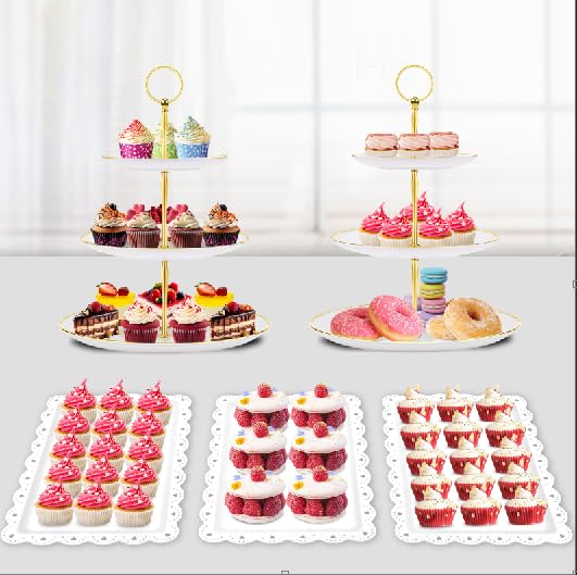 PinCute 5 Pcs Dessert Table Display Set  2 X Cupcake Stand HolderCup Cake Tier Tower  3 X Serving Tray Combo for Tea Party Birthday Baby Shower Round