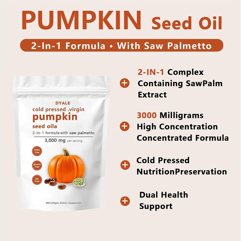 DYALE Pumpkin Seed Oil with Saw Palmetto200 Softgels  Cold Pressed Pure Virgin Oil Essential Fatty Acids  Phytosterols  Supports Hair Urinary Bladder  Prostate Health  NonGMO 1pc - Image 2