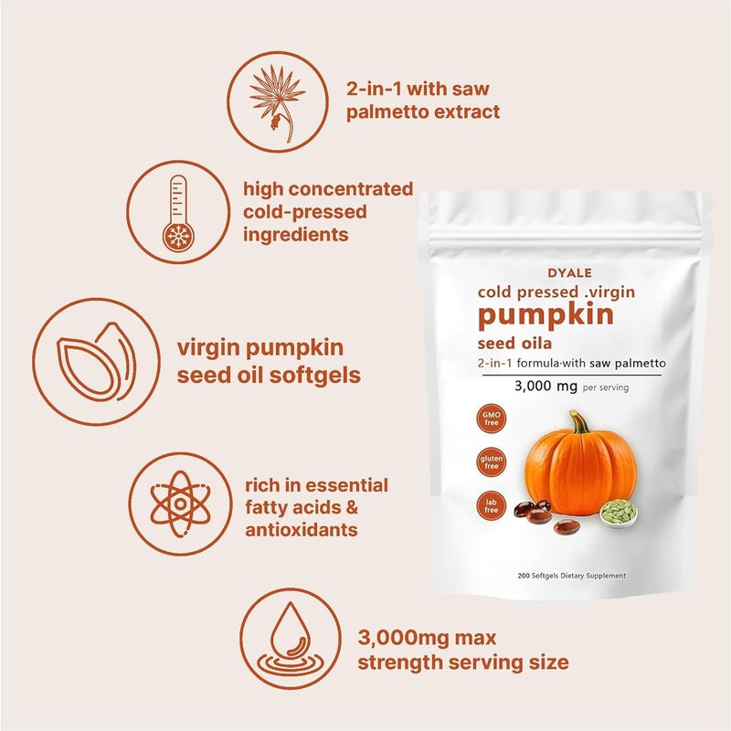 DYALE Pumpkin Seed Oil with Saw Palmetto200 Softgels  Cold Pressed Pure Virgin Oil Essential Fatty Acids  Phytosterols  Supports Hair Urinary Bladder  Prostate Health  NonGMO 1pc - Image 5