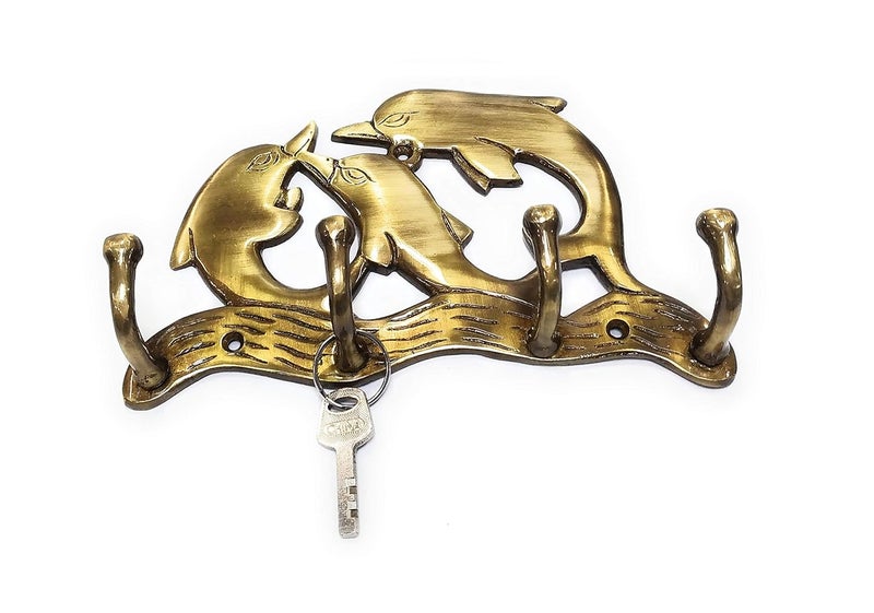 FAPBADRI Brass Keyholder Dolphin Design for WallHome DecorOffice Decor Antique Finish Screws and Wallplugs Included - Image 1