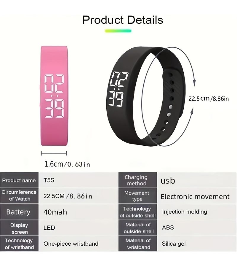 ساعة LED عالية الجودة بلون وردي – إصدار رئيسي – شحن عبر USB – عرض الوقت والتاريخ – إنذار اهتزازي – عداد خطوات – رياضة خارجية - Image 2