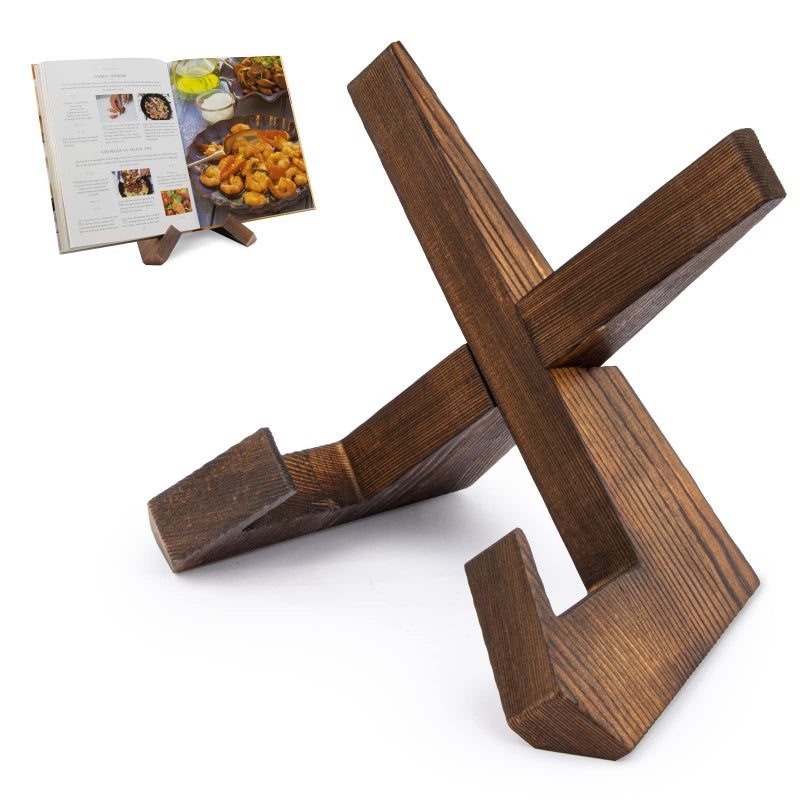 PUERSI Cookbook Stand for Kitchen Recipe Book Holder for Kitchen Counter Wooden Cookbook Holder Rustic Cook Book Holder Stand Rustic Brown