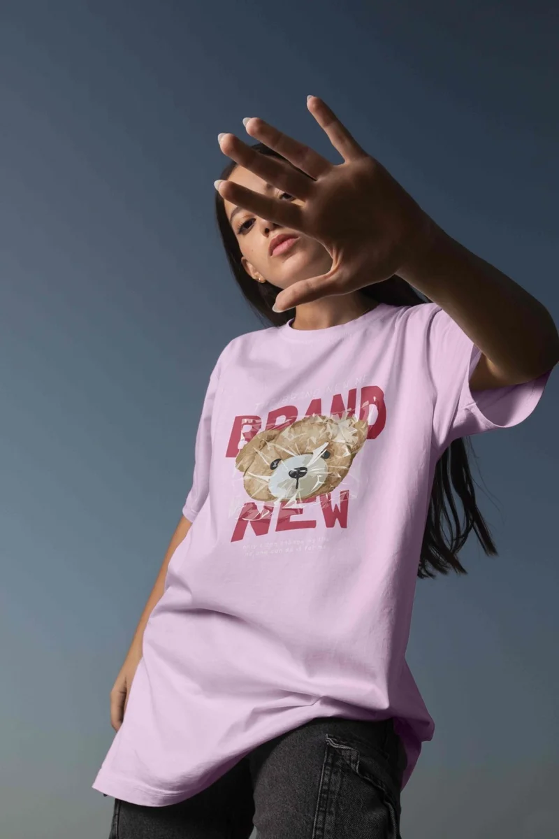 DogFish Teddy Printed Women's Oversize Pink T-Shirt