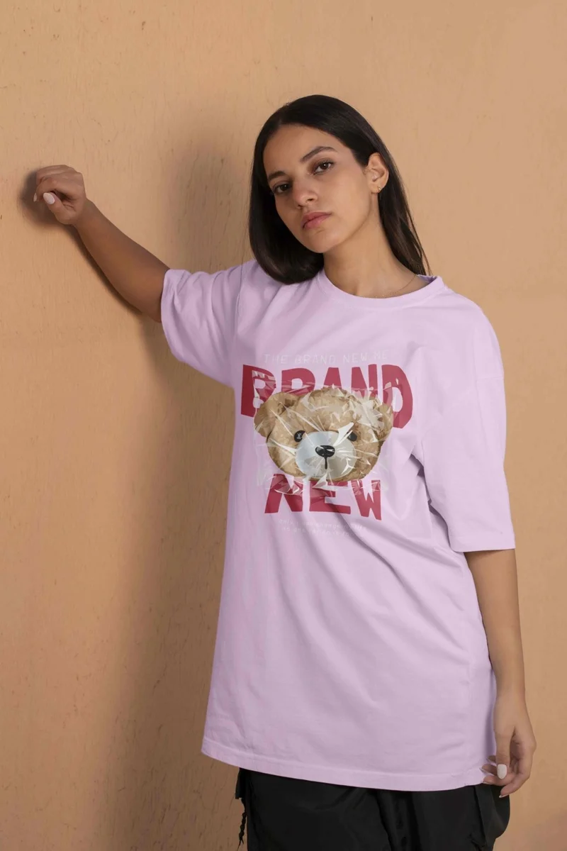 DogFish Teddy Printed Women's Oversize Pink T-Shirt