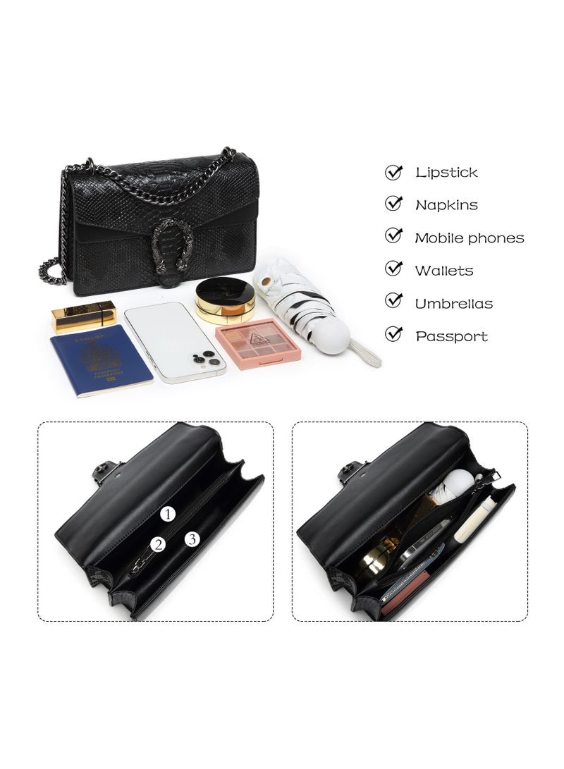 Crossbody Bags for Women Snake Printed Clutch Purses Leather Chain Shoulder Evening Handbags Retro Versatile Fashionable Small Square Bag Black - Image 3