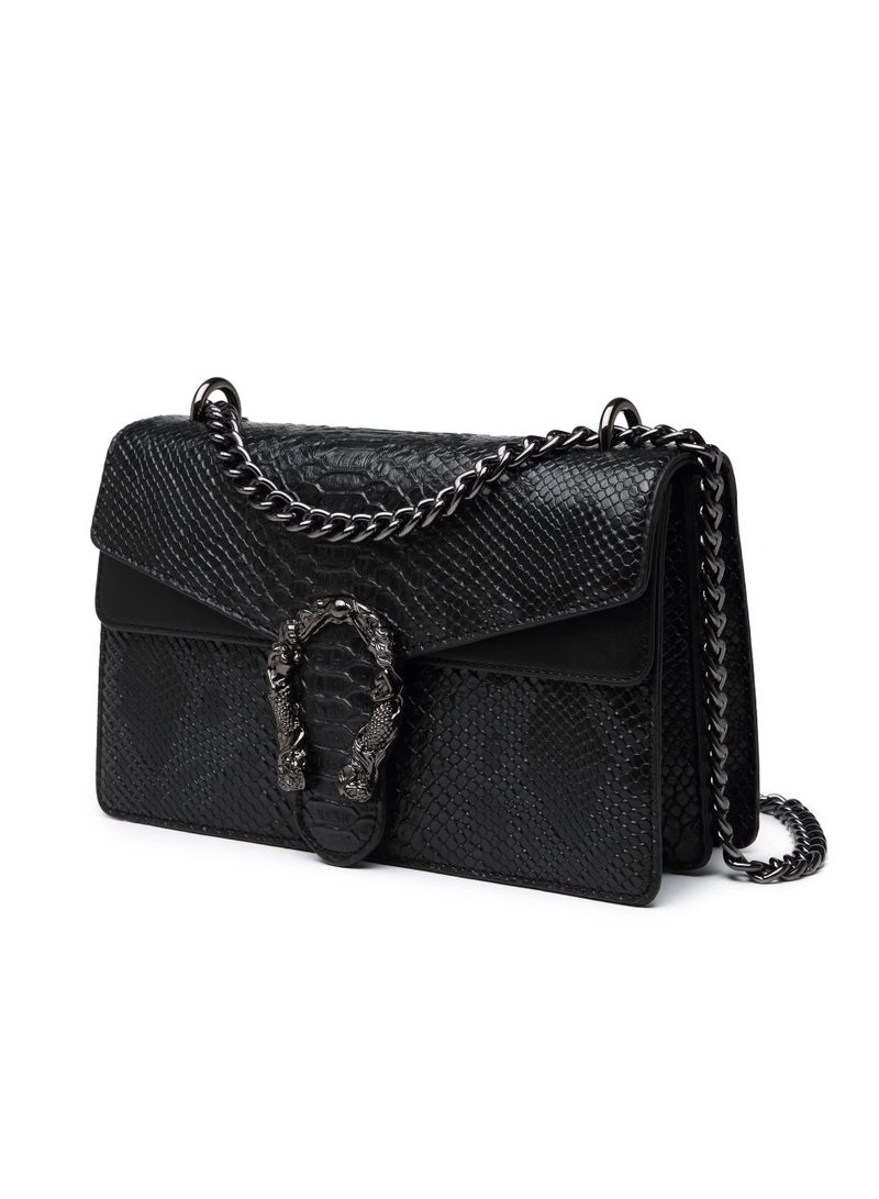 Crossbody Bags for Women Snake Printed Clutch Purses Leather Chain Shoulder Evening Handbags Retro Versatile Fashionable Small Square Bag Black - Image 1