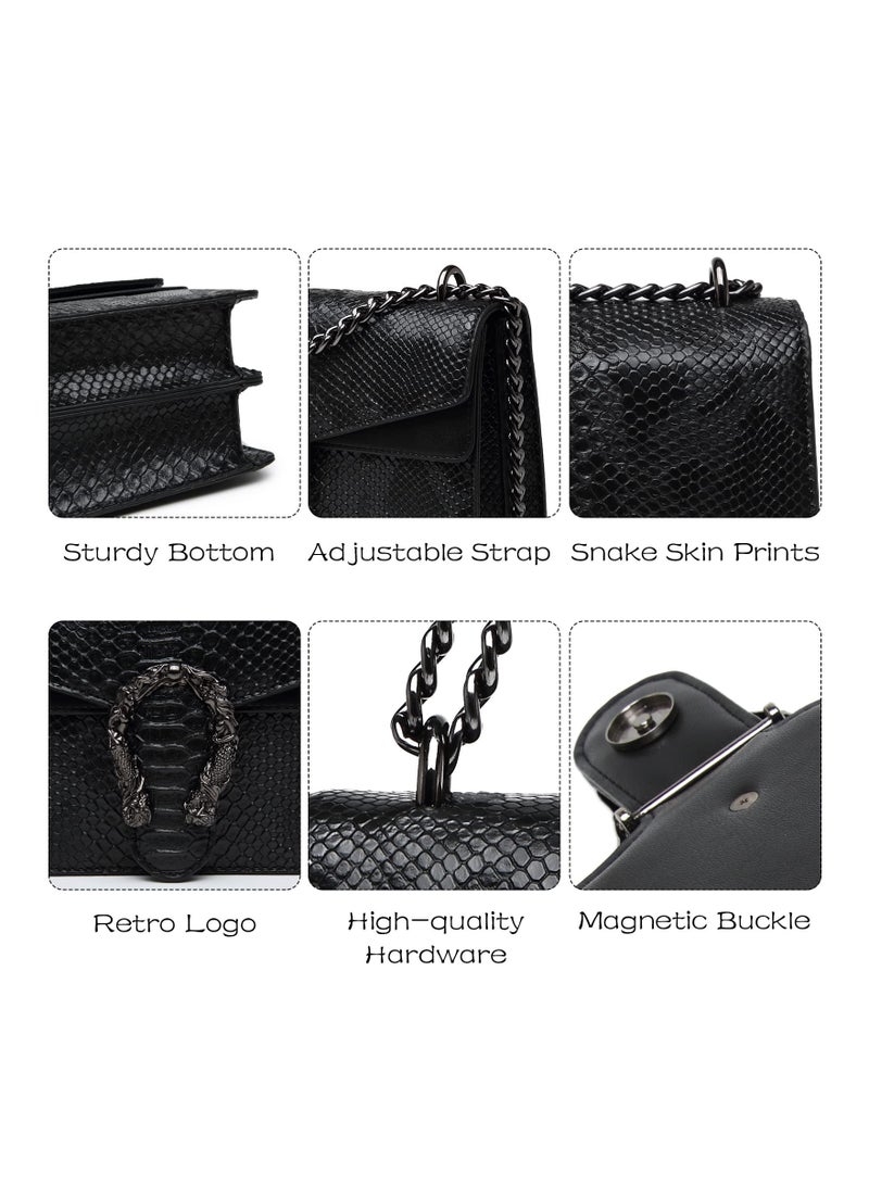 Crossbody Bags for Women Snake Printed Clutch Purses Leather Chain Shoulder Evening Handbags Retro Versatile Fashionable Small Square Bag Black - Image 5