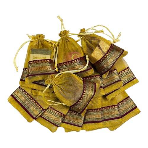 KRIWIN Pack of Thirty Small Size Silk Organza Potli Gift Bags Coin Bags(15 X 10 cm) Drawstring Closure (Gold) - Image 1