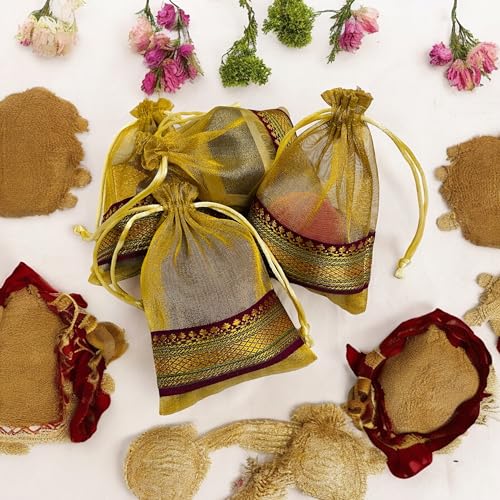 KRIWIN Pack of Thirty Small Size Silk Organza Potli Gift Bags Coin Bags(15 X 10 cm) Drawstring Closure (Gold) - Image 3
