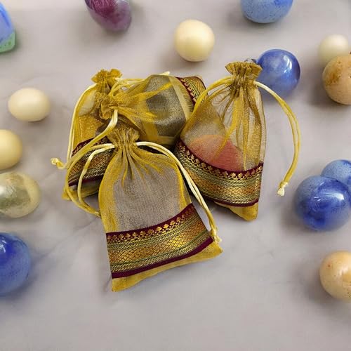 KRIWIN Pack of Thirty Small Size Silk Organza Potli Gift Bags Coin Bags(15 X 10 cm) Drawstring Closure (Gold) - Image 5
