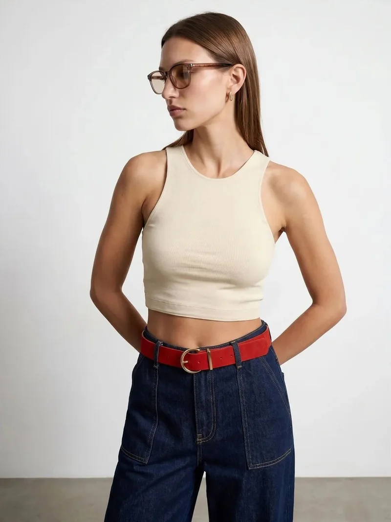ديلفين DILVIN Ribbed Sleeveless Crop Blouse