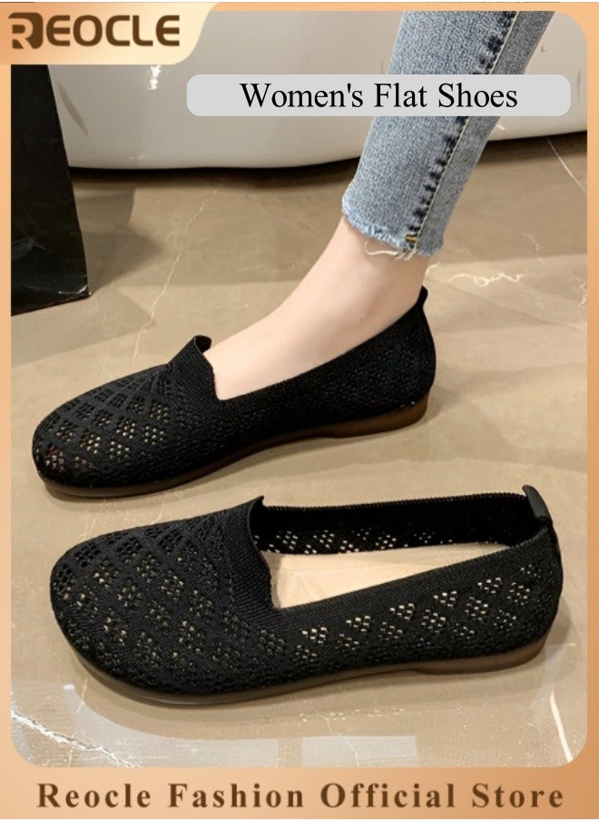 Women's Knitting Flat Shoes Slip on Shoes Comfort Loafers Breathable Mesh Female Round Toe Walking Shoes Soft Lightweight Shoes