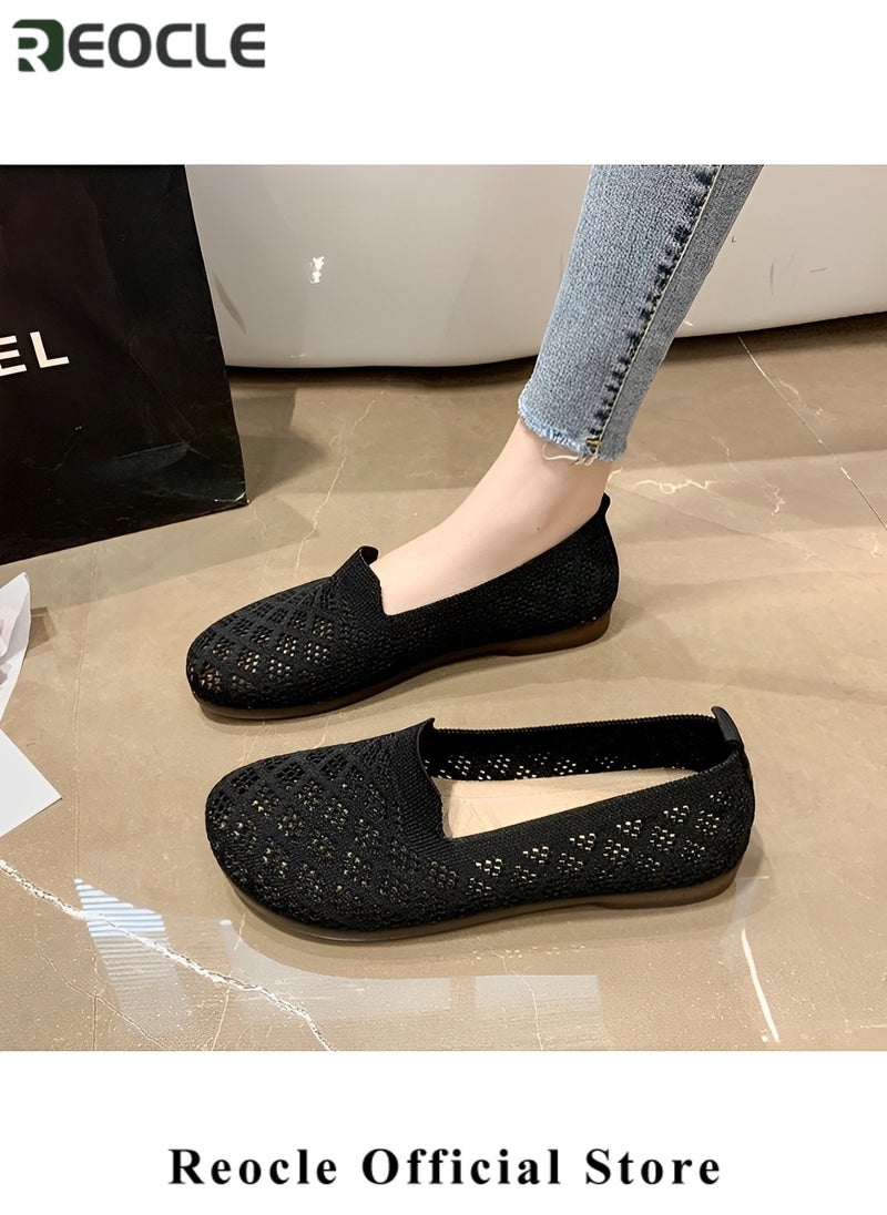 Women's Knitting Flat Shoes Slip on Shoes Comfort Loafers Breathable Mesh Female Round Toe Walking Shoes Soft Lightweight Shoes
