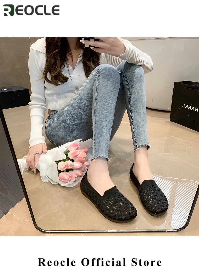 Women's Knitting Flat Shoes Slip on Shoes Comfort Loafers Breathable Mesh Female Round Toe Walking Shoes Soft Lightweight Shoes