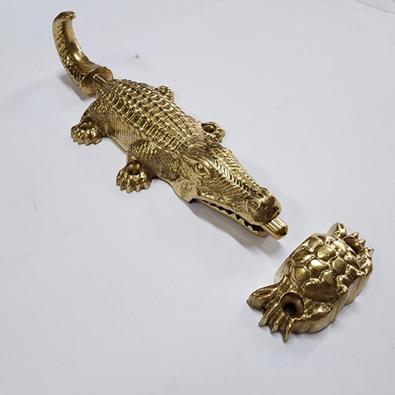 Vintage Solid Gold Alligator Cabinet Slide Bolt Lock — Handmade Rustic Crocodile Design Window Door Latch Heavy Duty 16 cm 6.1/4 Inch Small Old Style Hardware - Image 1
