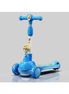 A scooter for kids with a unique design featuring a princess character on the handlebar, equipped with three stable wheels for easy control, perfect for children from 3 years old and up, in a charming blue color that provides a fun and safe play experience!