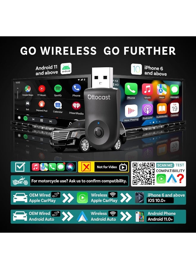 Ottocast OTTOCAST Mini 2in1 Wireless Carplay Adapter for Apple iPhone with GPS Passthrough, Android Auto Car Adapter, Plug & Play, Convert Wired to Wireless Car Play Dongle to USB& USB-C, No Delay  - Image 2