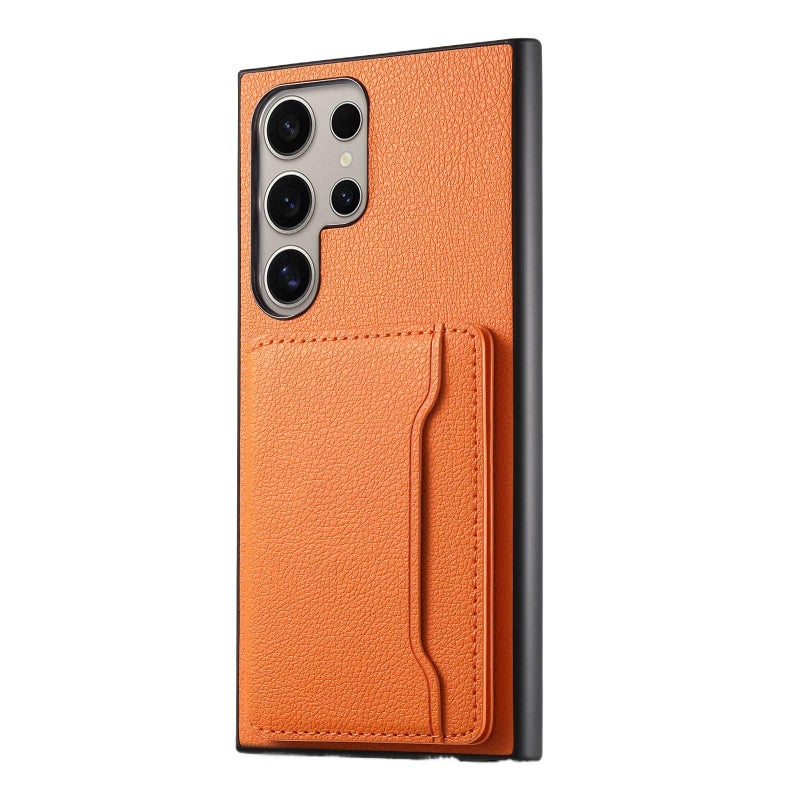 Samsung Galaxy S23 Leather Protective Texture with Card Holder and Kickstand in Orange for Personal Use - Image 1
