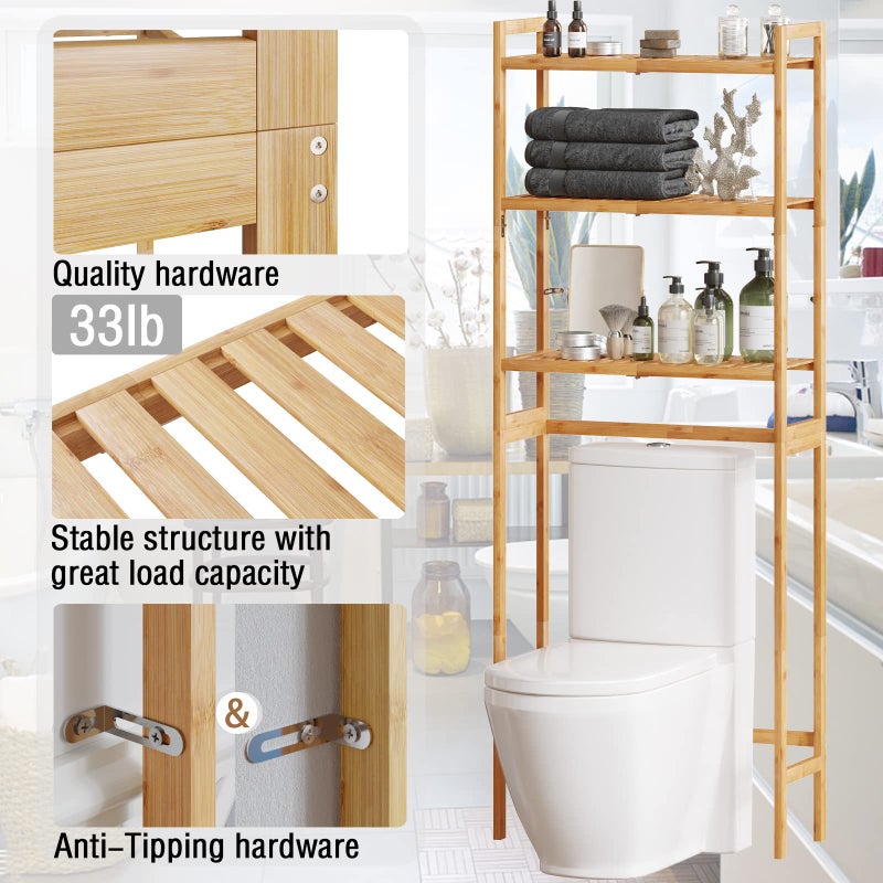 AMBIRD Over The Toilet Storage, 3-Tier Bathroom Organizer Over Toilet with Sturdy Bamboo Shelves,Multifunctional Toilet Shelf,Easy to Assemble and Saver Space, 25 * 10 * 64 Inches (Original Color) - Image 5