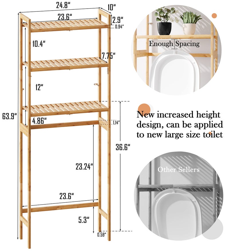 AMBIRD Over The Toilet Storage, 3-Tier Bathroom Organizer Over Toilet with Sturdy Bamboo Shelves,Multifunctional Toilet Shelf,Easy to Assemble and Saver Space, 25 * 10 * 64 Inches (Original Color) - Image 2