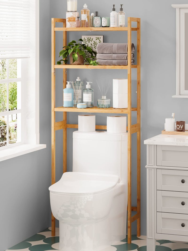 AMBIRD Over The Toilet Storage, 3-Tier Bathroom Organizer Over Toilet with Sturdy Bamboo Shelves,Multifunctional Toilet Shelf,Easy to Assemble and Saver Space, 25 * 10 * 64 Inches (Original Color) - Image 1