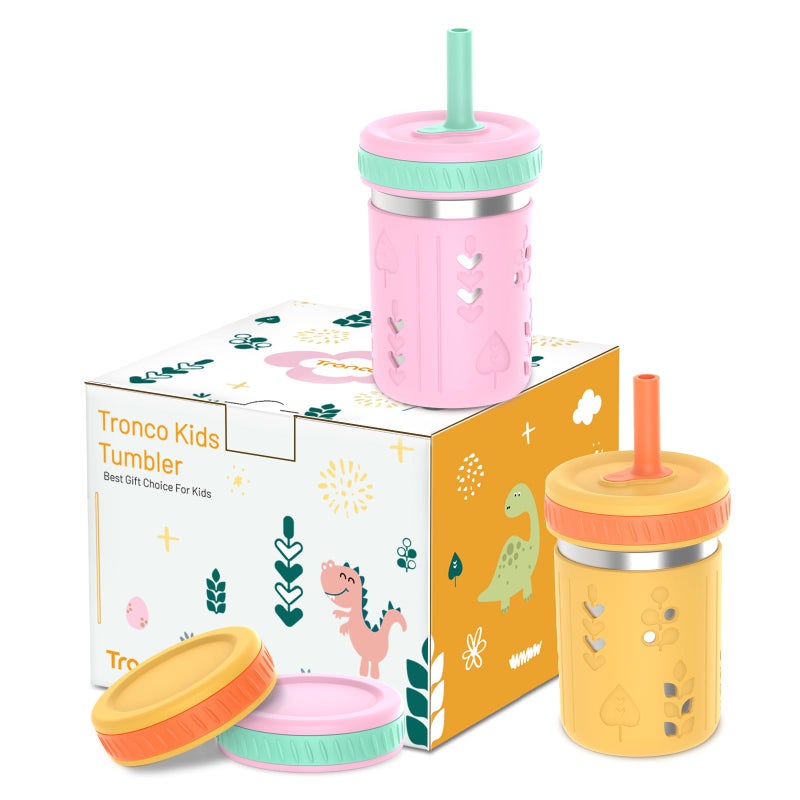 Tronco [2 Pack] 10 oz 2-in-1 Stainless Steel Kids Tumbler Cups with Silicone Sleeves, Spill-Resistant Flexible Straws & Storage Lids, BPA-Free Smoothie and Snack Cups, Dishwasher Safe - Image 1