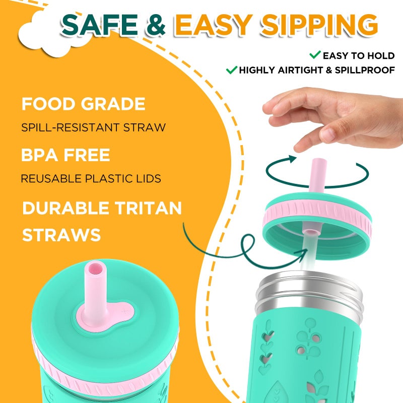 Tronco [2 Pack] 10 oz 2-in-1 Stainless Steel Kids Tumbler Cups with Silicone Sleeves, Spill-Resistant Flexible Straws & Storage Lids, BPA-Free Smoothie and Snack Cups, Dishwasher Safe - Image 3