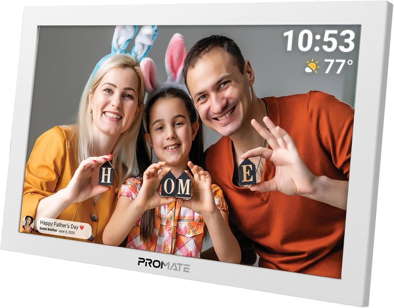 Promate Full HD Digital Photo Frame With 10.1" Touch Screen, Wireless app Control, 16GB Storage, USB/TF Card Support, Dual Speakers, Multi Picture & Video Formats Compatibility, Memoria-10 White - Image 1