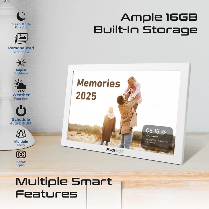 Promate Full HD Digital Photo Frame With 10.1" Touch Screen, Wireless app Control, 16GB Storage, USB/TF Card Support, Dual Speakers, Multi Picture & Video Formats Compatibility, Memoria-10 White - Image 3