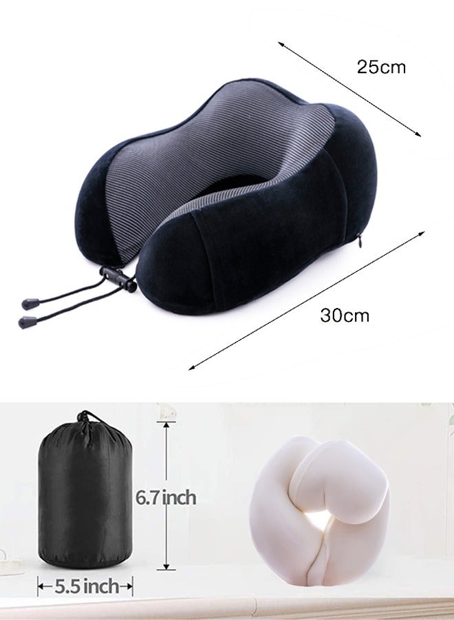 Travel Pillow Set Memory Foam U-Neck Pillow Travel Accessories Airplane Travel Kit with 3D Contoured Eye Mask, Earplugs and Storage Bag