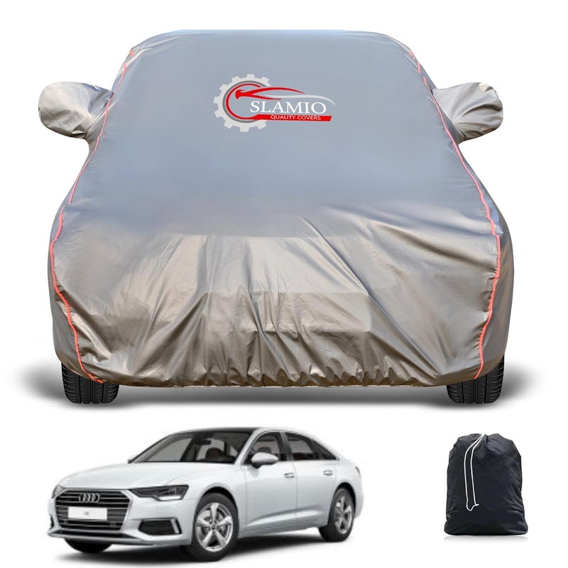 Slamio Heavy-Duty Car Body Cover for Audi A6 | Waterproof, Dustproof, UV Protection, Custom Fit, Heavy Belt & Buckle with Mirror & Antenna Pocket | Dark Grey - Image 1