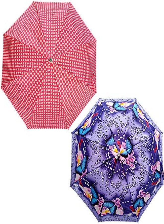 RAINPOPSON 2 Fold Umbrella for Women & Men UV Protection Ladies Umbrella Combo for Summer & Rain Season (Multicolor & Red Printed) - Combo Pack of 2 - Image 2