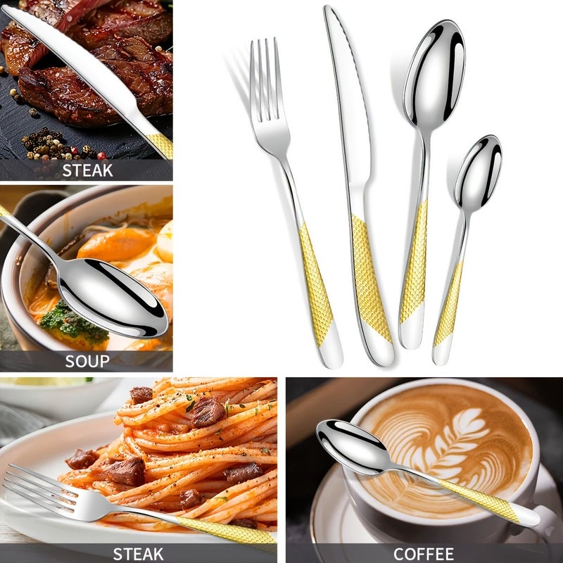 40pcs Silver Hammered Stainless Steel Flatware Set For 8 Mirror Polished Dishwasher Safe - Image 3
