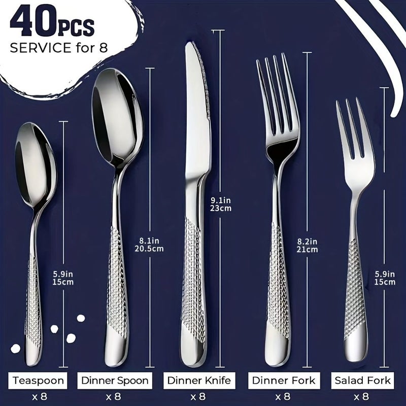 40pcs Silver Hammered Stainless Steel Flatware Set For 8 Mirror Polished Dishwasher Safe - Image 1