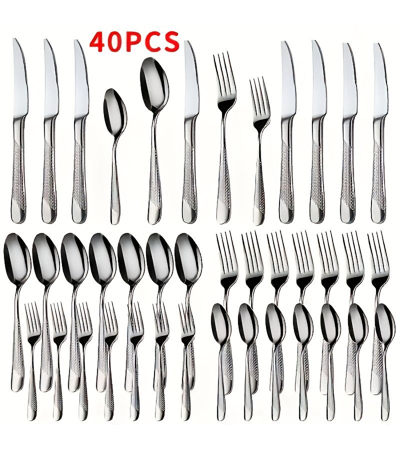 40pcs Silver Hammered Stainless Steel Flatware Set For 8 Mirror Polished Dishwasher Safe - Image 2