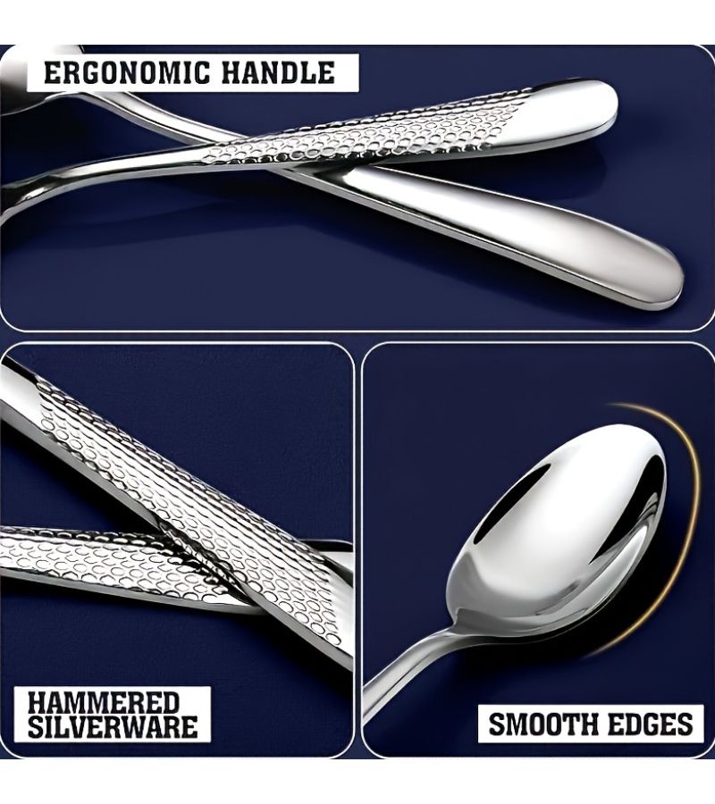 40pcs Silver Hammered Stainless Steel Flatware Set For 8 Mirror Polished Dishwasher Safe - Image 5