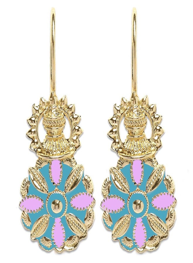 Karatcart Gold Plated Light Blue and Pink Meena Floral Drop Earring for Women - Image 1