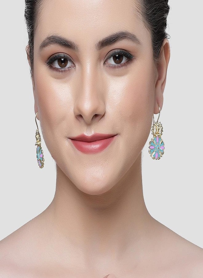 Karatcart Gold Plated Light Blue and Pink Meena Floral Drop Earring for Women - Image 3