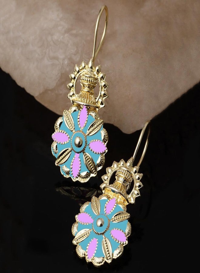 Karatcart Gold Plated Light Blue and Pink Meena Floral Drop Earring for Women - Image 4