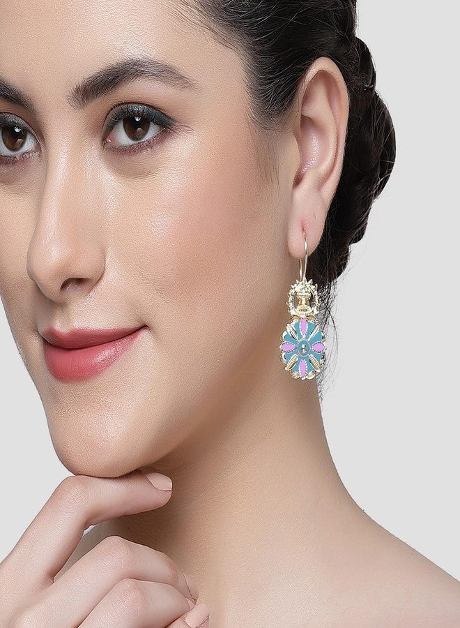 Karatcart Gold Plated Light Blue and Pink Meena Floral Drop Earring for Women - Image 2