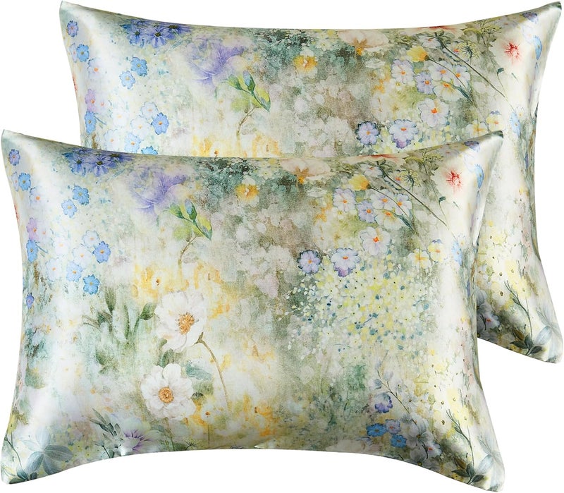 URLINENS غطاء وسادة من الساتان عبوة من 2 مشابه لأغطية الوسائد الحريرية مقاس كوين، غطاء وسادة ناعم للنساء للنوم مع إغلاق مغلف، هدية للنساء والفتيات، زهرة بالألوان المائية، 20×30 بوصة - Image 1