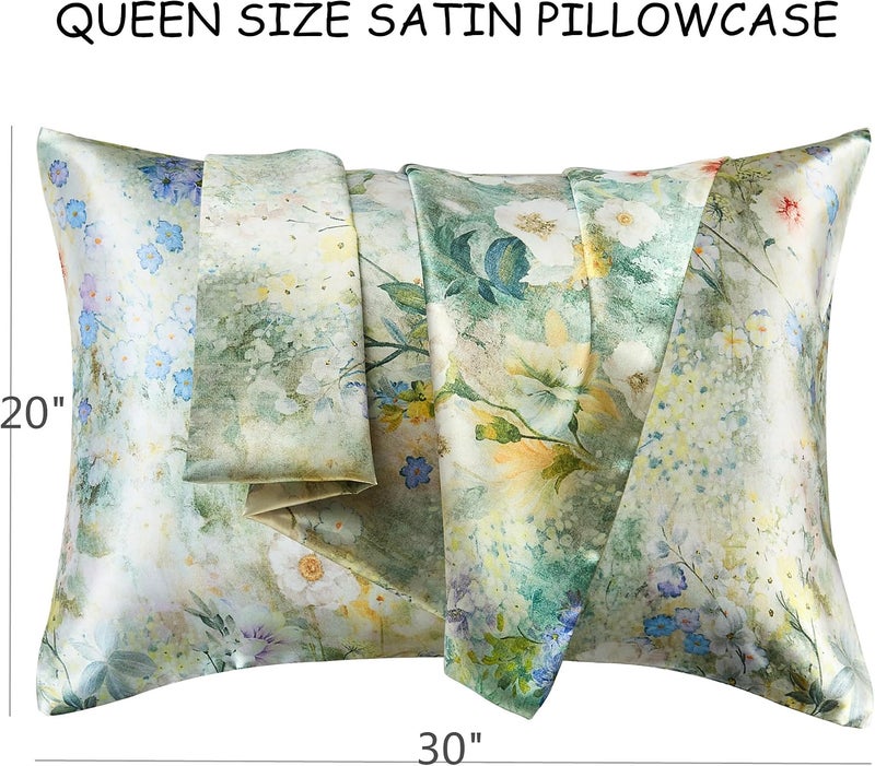 URLINENS غطاء وسادة من الساتان عبوة من 2 مشابه لأغطية الوسائد الحريرية مقاس كوين، غطاء وسادة ناعم للنساء للنوم مع إغلاق مغلف، هدية للنساء والفتيات، زهرة بالألوان المائية، 20×30 بوصة - Image 3