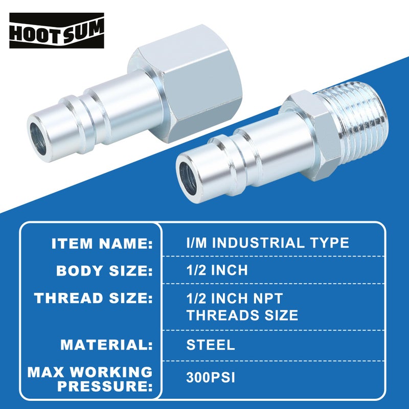 HOOTSUM 1/2" Air Hose Fittings Set, High Flow 1PC I/M Industrial Type Coupler with 1/2" MNPT, 2PCS Plugs with 1/2" NPT, 3PCS Steel Air Compressor Accessories Quick Connect Fittings 300PSI - Image 3
