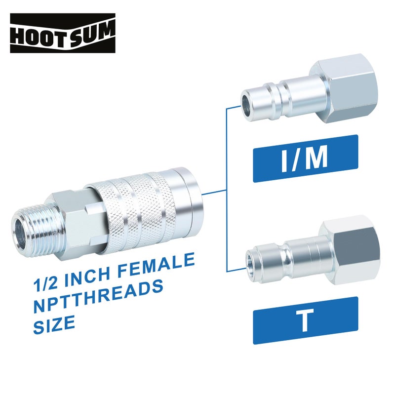 HOOTSUM 1/2" Air Hose Fittings Set, High Flow 1PC I/M Industrial Type Coupler with 1/2" MNPT, 2PCS Plugs with 1/2" NPT, 3PCS Steel Air Compressor Accessories Quick Connect Fittings 300PSI - Image 4