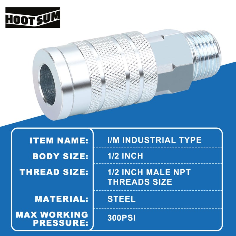 HOOTSUM 1/2" Air Hose Fittings Set, High Flow 1PC I/M Industrial Type Coupler with 1/2" MNPT, 2PCS Plugs with 1/2" NPT, 3PCS Steel Air Compressor Accessories Quick Connect Fittings 300PSI - Image 2